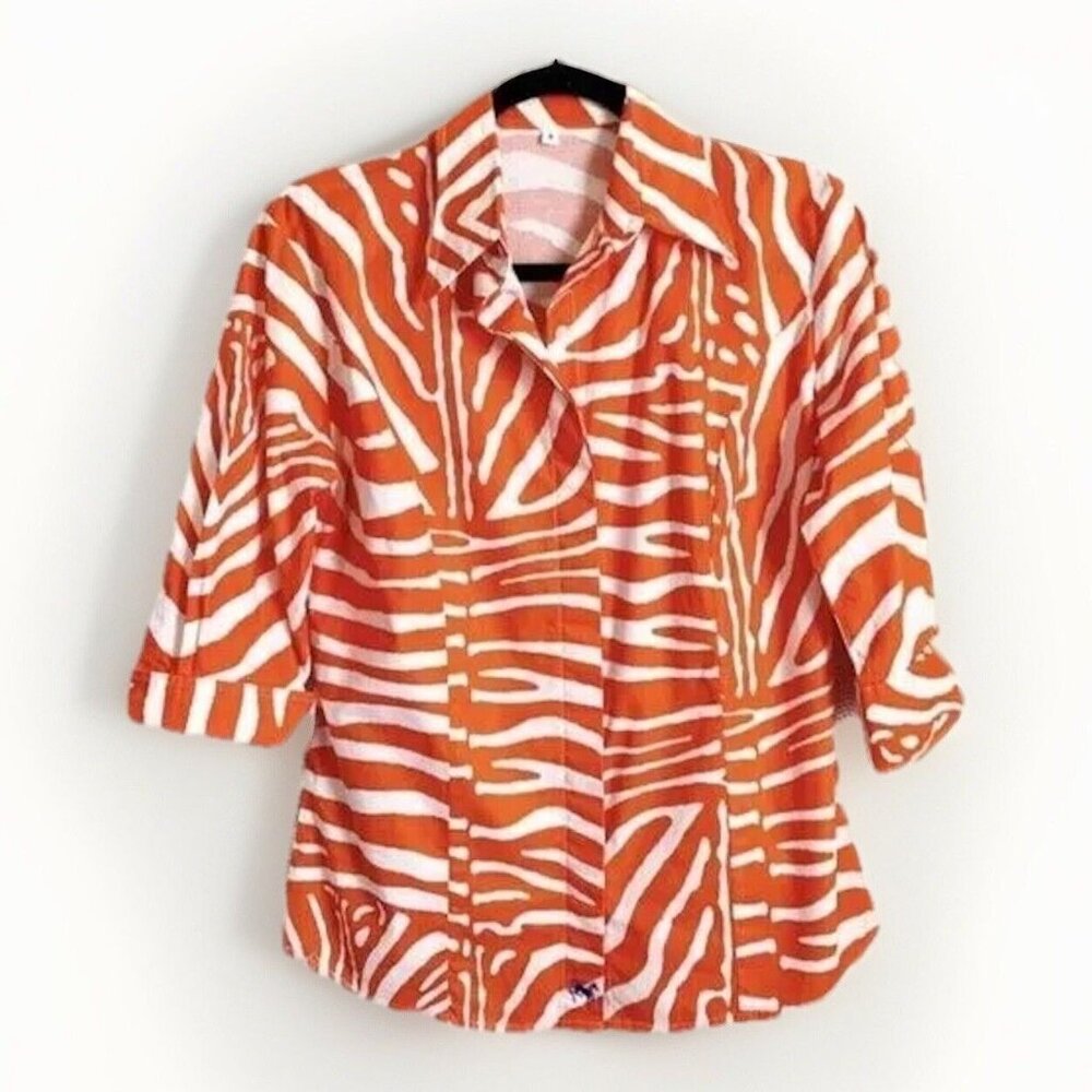 Middy N Me Orange Red Zebra Button Up Equestrian Top Women’s 8 3/4 Sleeve Resort